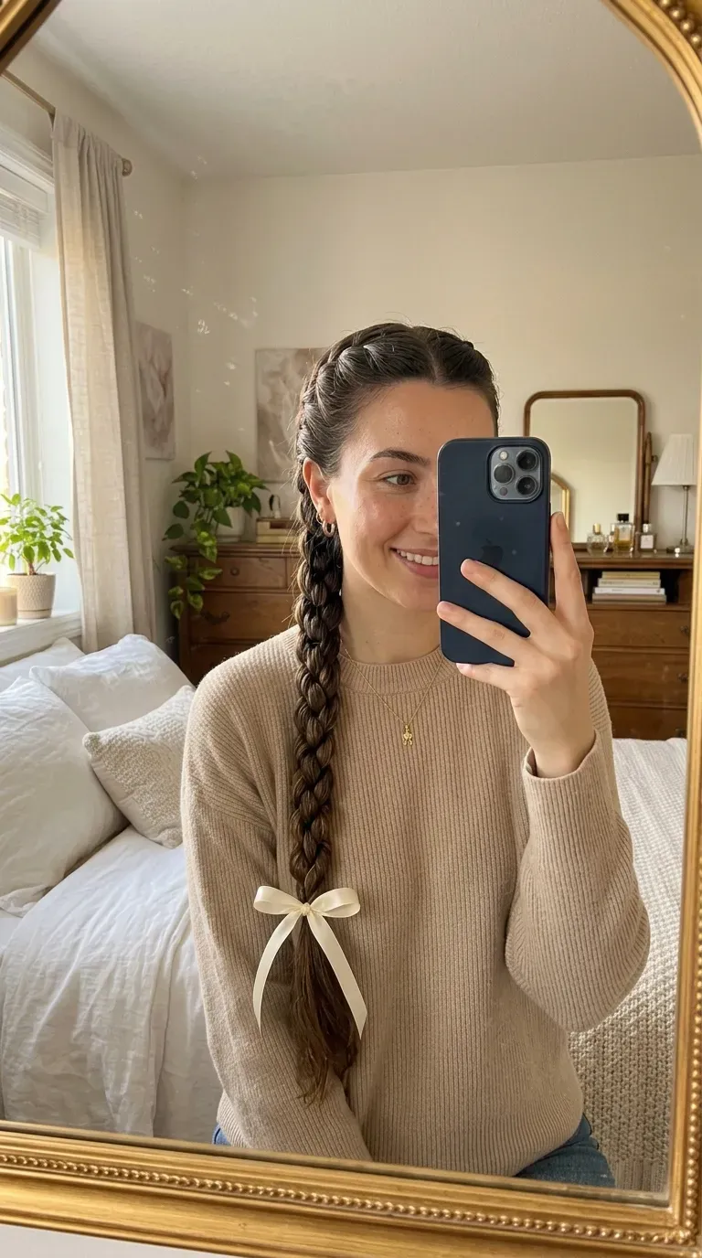 Woman taking an iPhone mirror selfie showing a long rope braid finished with an elegant satin ribbon.