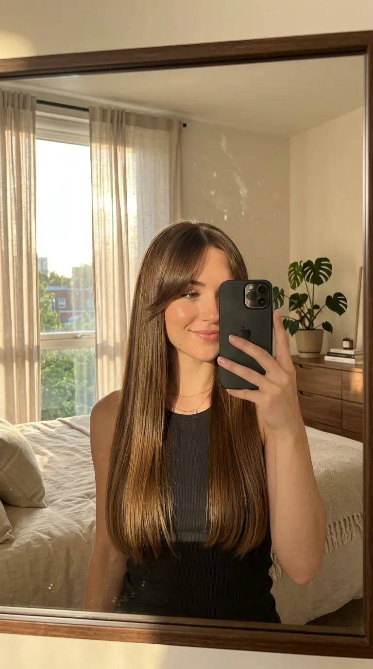 Woman taking an iPhone mirror selfie showing long sleek straight hair with soft center-parted curtain bangs.