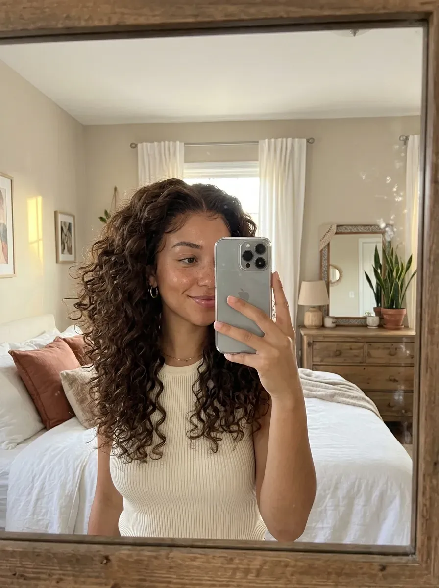 Woman taking an iPhone mirror selfie showing voluminous loose curls with a natural lace frontal hairline.