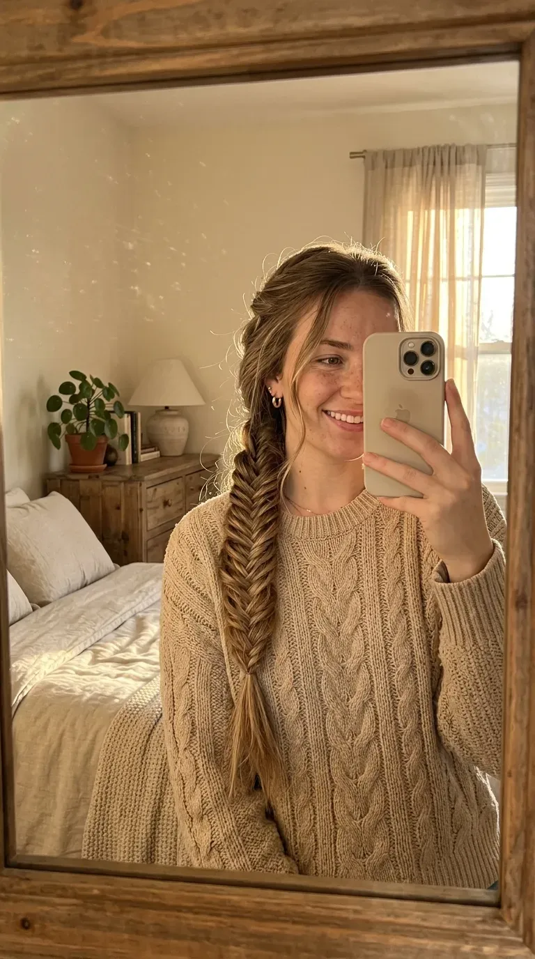 11 Winter Hairstyles for Women That Look Cozy, Chic, and Stylish 9 Woman taking an iPhone mirror selfie showing a loose fishtail braid with relaxed winter texture.