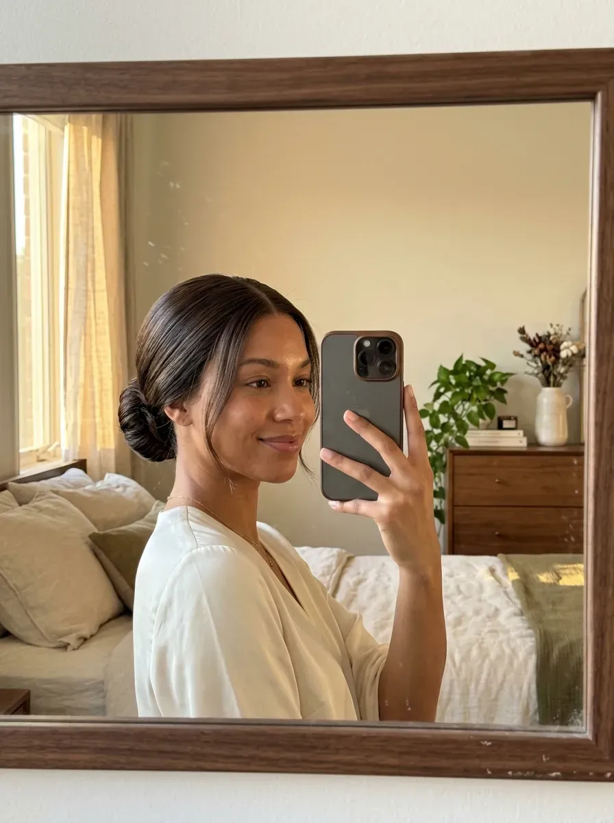 Woman taking an iPhone mirror selfie showing an elegant low bun lace frontal with soft face-framing strands.
