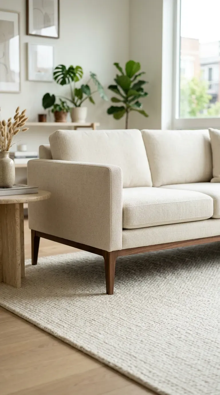 12 Genius One Bedroom Apartment Ideas That Maximize Space 11 tailored cream linen sofa raised on tapered walnut legs on a light neutral area rug