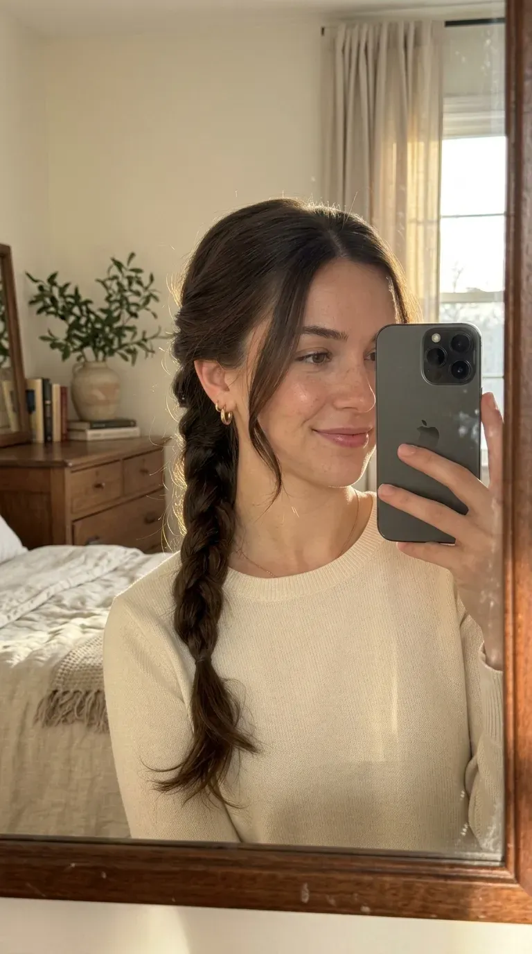 Woman taking an iPhone mirror selfie showing an elegant low rope braid with soft face-framing strands.