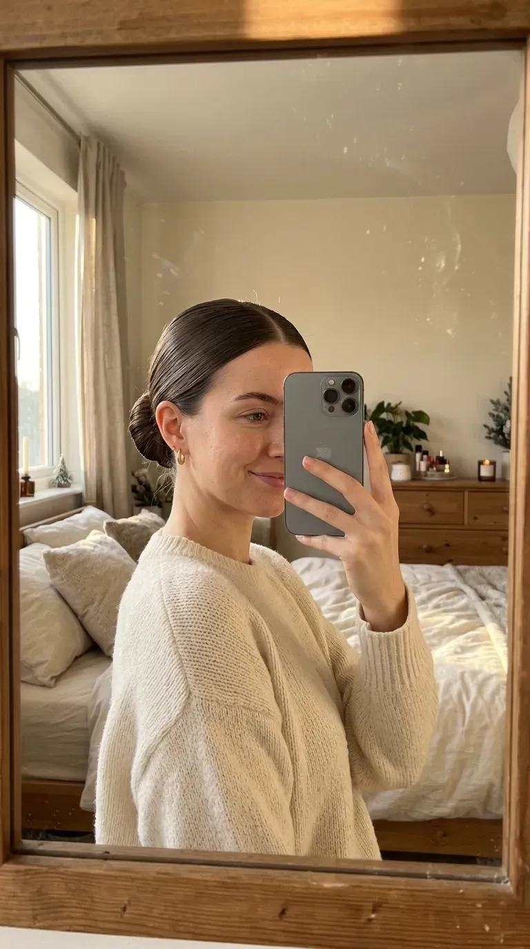 11 Winter Hairstyles for Women That Look Cozy, Chic, and Stylish 3 Woman taking an iPhone mirror selfie showing a polished low sleek bun for winter.