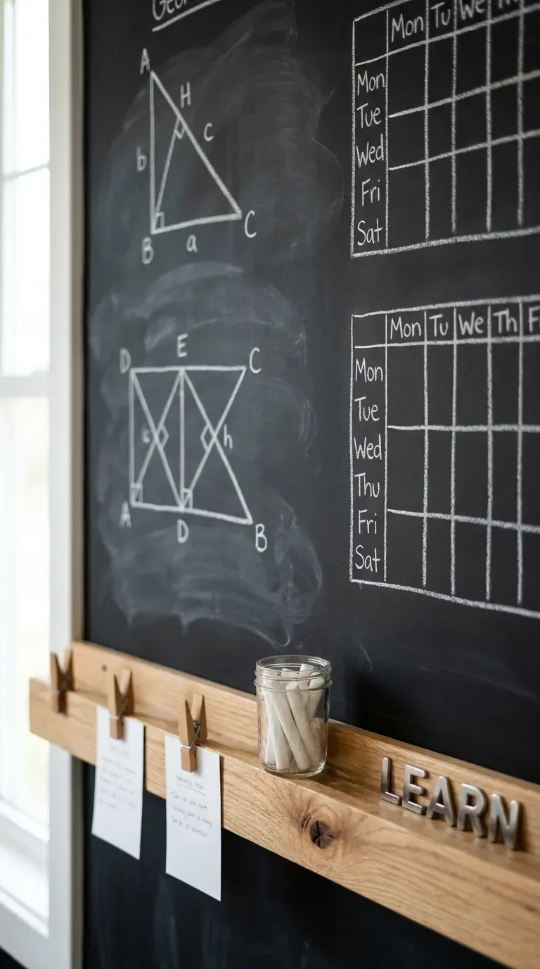 13 Genius Homeschool Room Ideas You Will Want to Copy ASAP 5 matte black magnetic chalkboard wall with daily schedule and wooden chalk tray