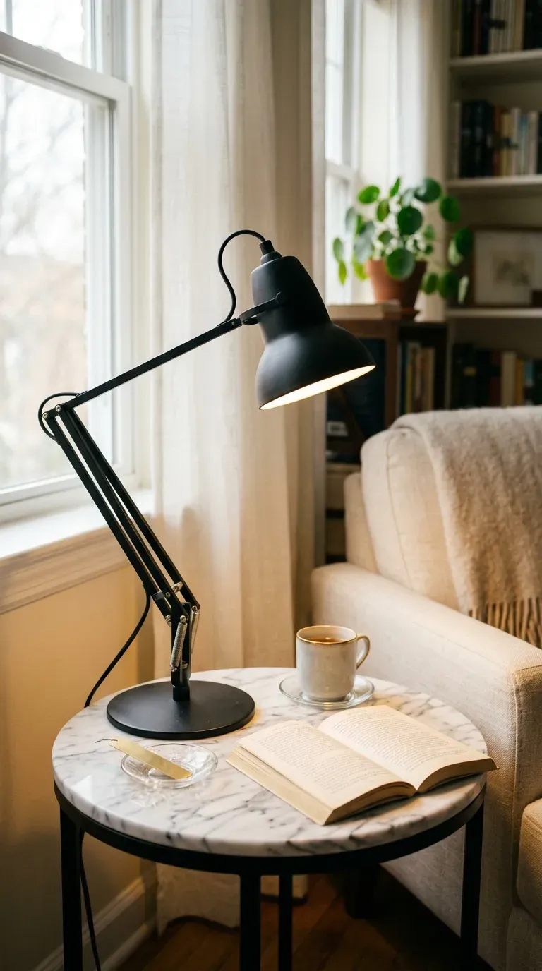 round white marble accent table with a sleek matte black metal reading lamp