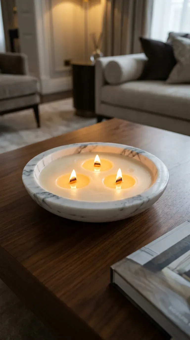 10 Modern DIY Soy Candle Ideas That Are Big in 2026 6 three wick soy candle poured into a shallow white marble bowl on a coffee table