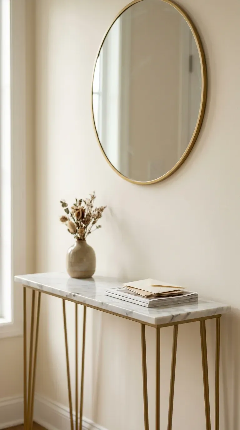 white marble top console table styled in a bright entryway with a mirror above