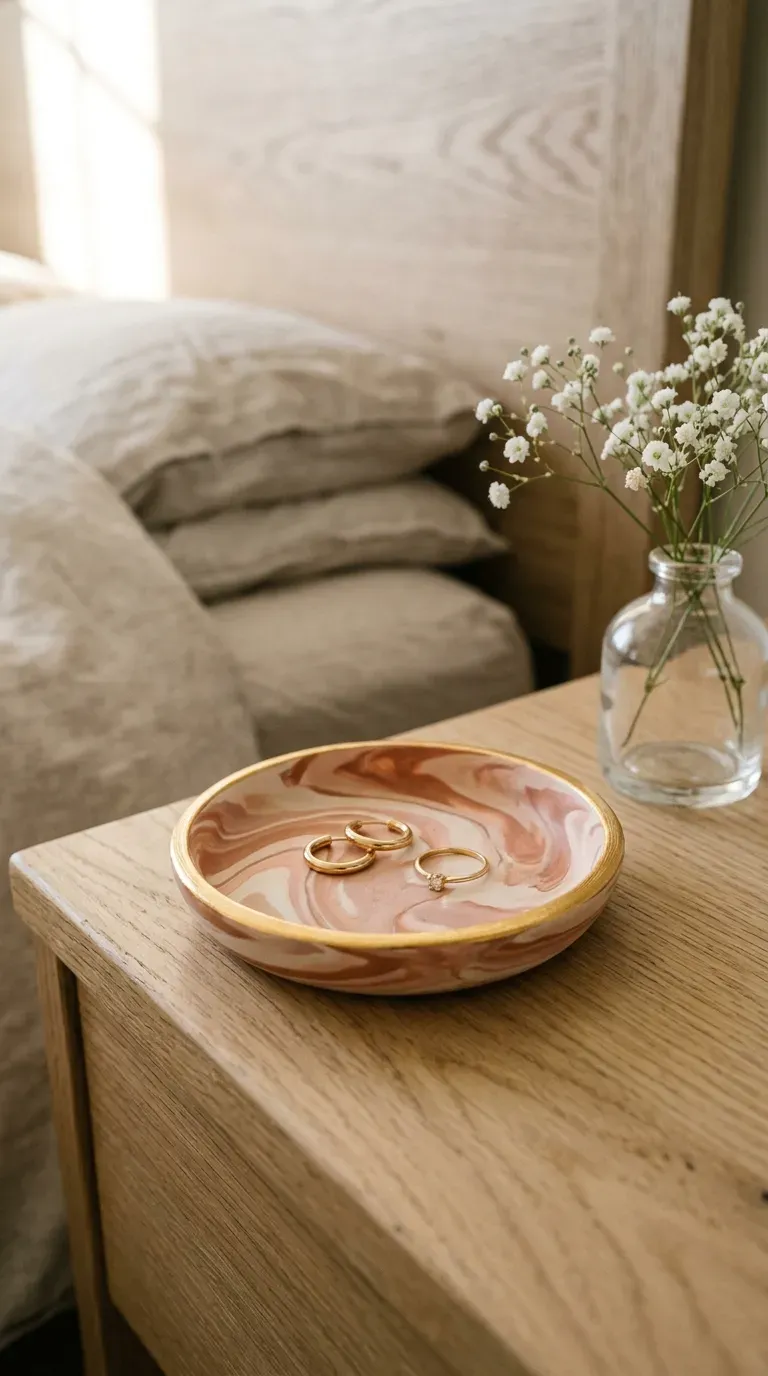 pastel pink and white marbled polymer clay jewelry dish with painted gold rim