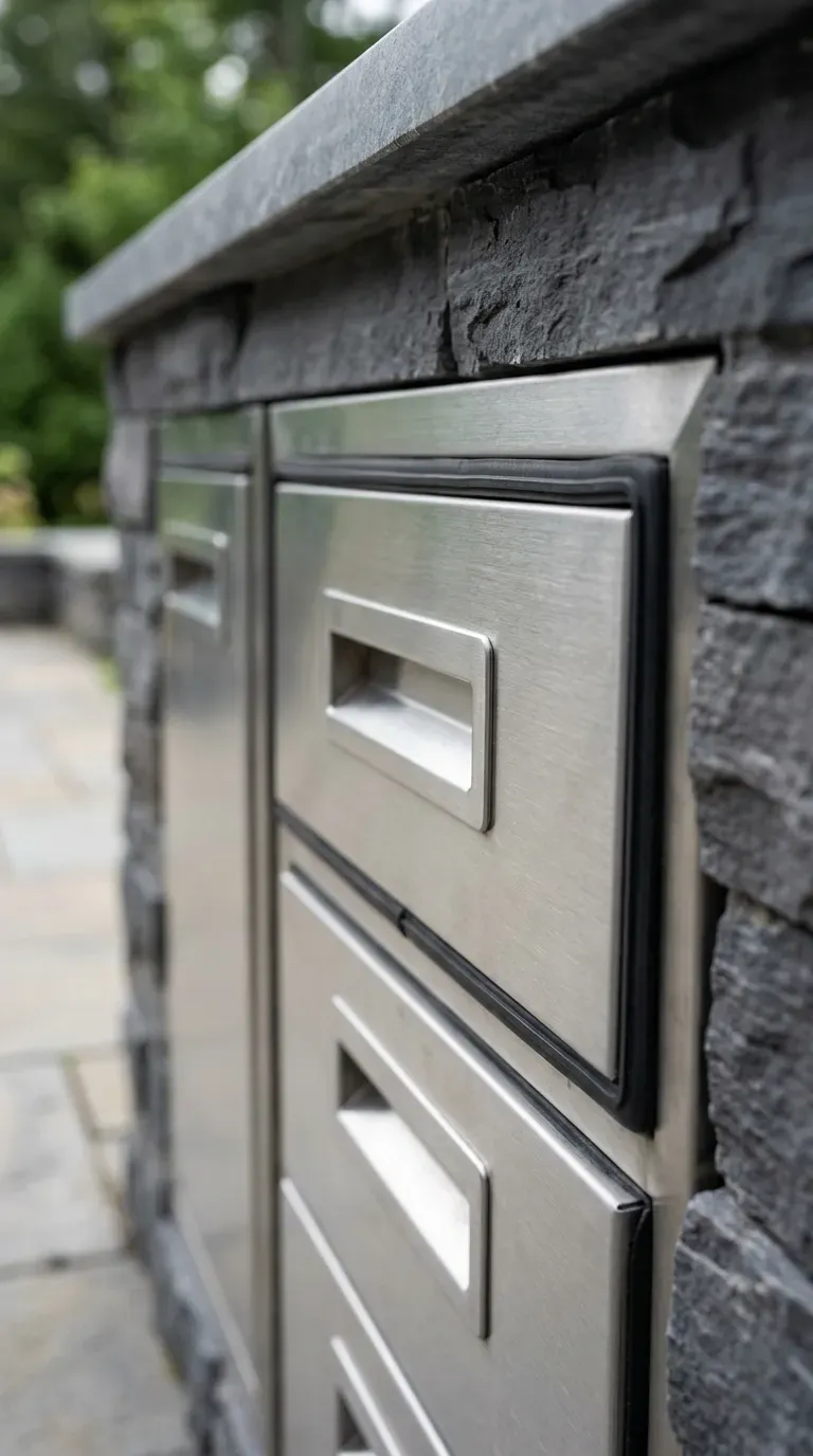 close-up of marine-grade stainless steel outdoor kitchen drawers with weather gaskets