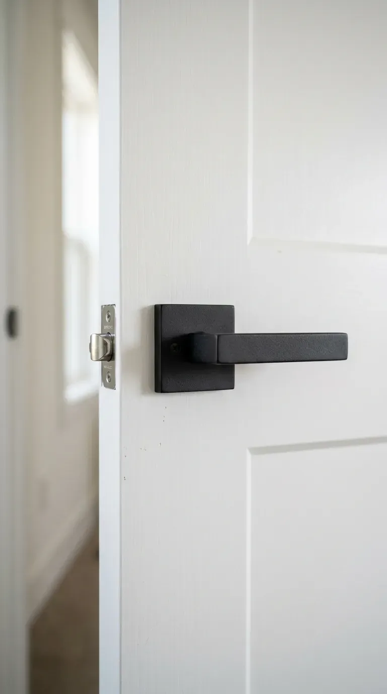 modern matte black square lever handle installed on a crisp white interior door