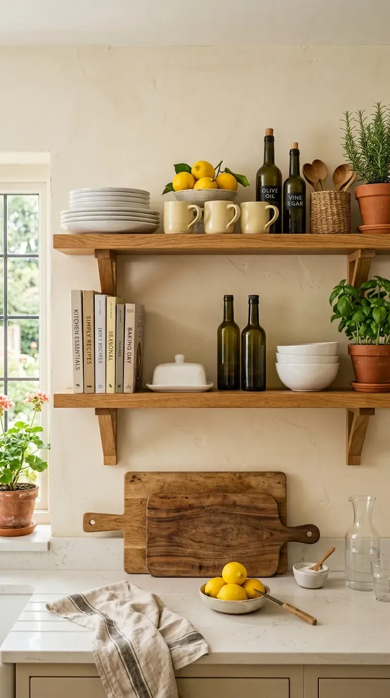 Mediterranean-inspired kitchen with lemon decor terracotta pottery and natural wood details.