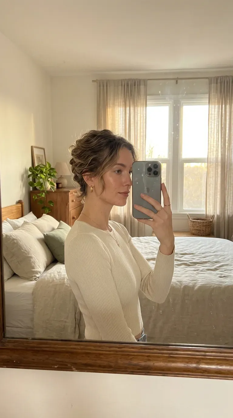 Woman taking an iPhone mirror selfie showing a relaxed messy French twist with textured short hair.