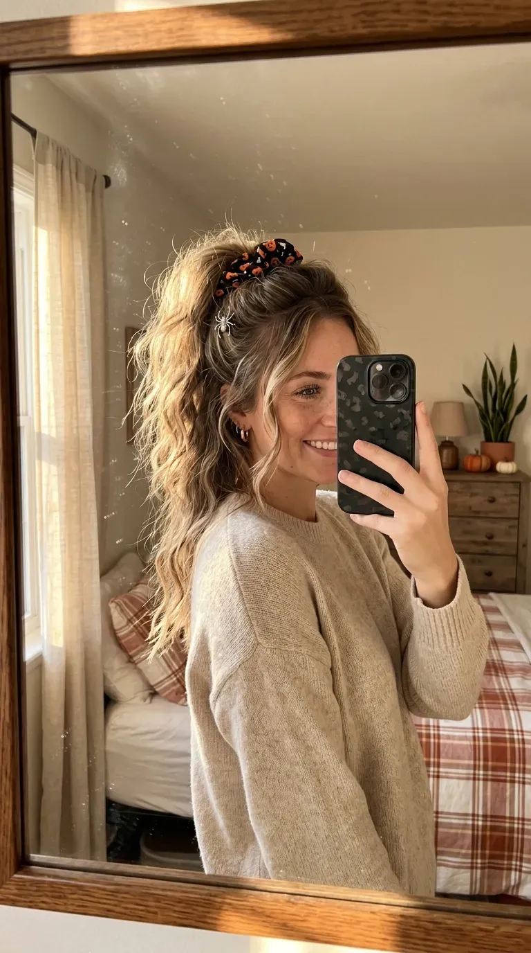 Woman taking an iPhone mirror selfie showing a textured messy ponytail with spooky Halloween accessories.