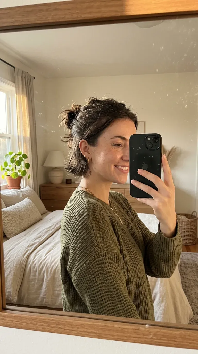 Woman taking an iPhone mirror selfie showing a messy mini bun with soft loose face-framing pieces.