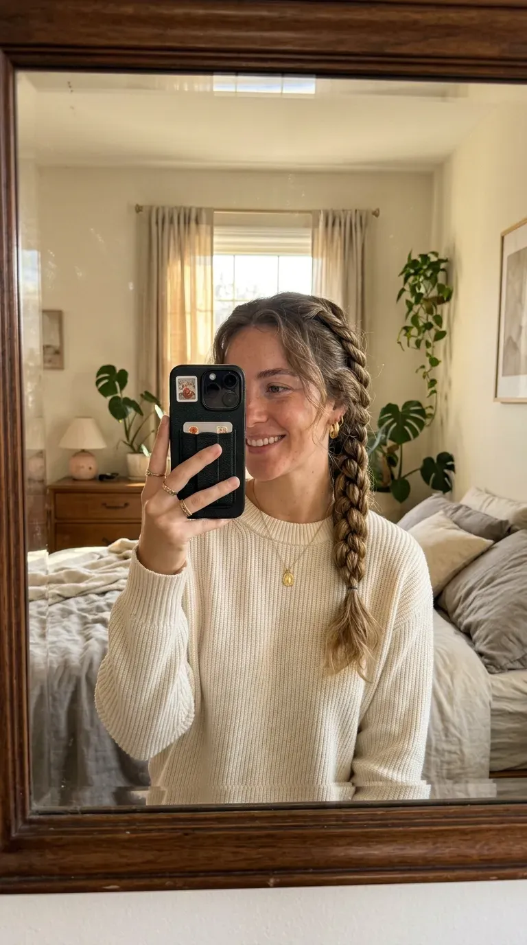 Woman taking an iPhone mirror selfie showing a relaxed messy rope braid with soft textured volume.