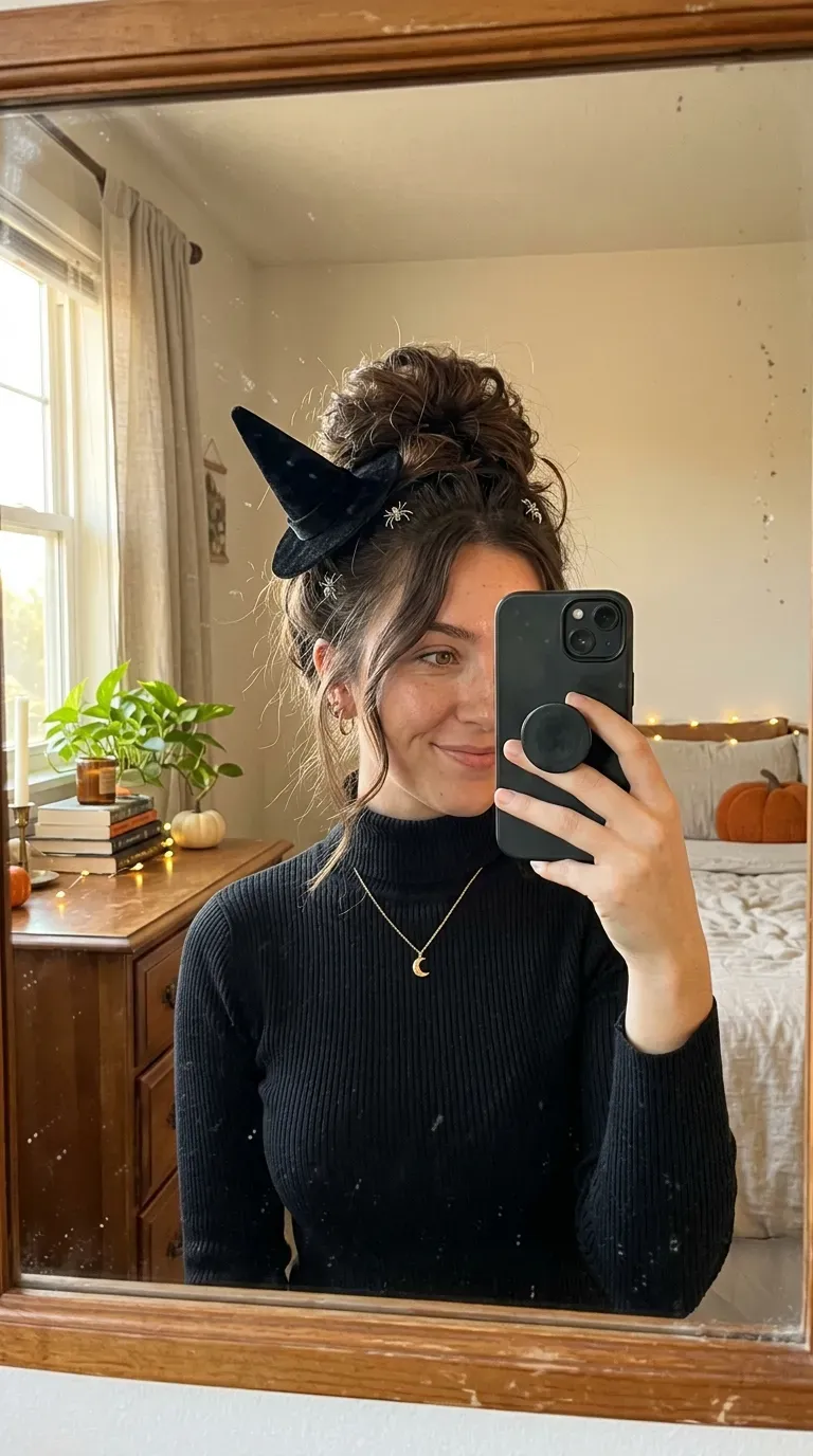 Woman taking an iPhone mirror selfie showing a messy witch bun with black Halloween hair accessories.