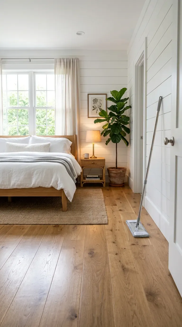 Sleek microfiber flat mop cleaning pristine oak wood floors