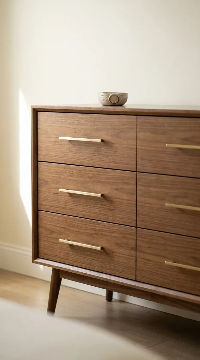 12 Stunning Retro Bedroom Ideas That Look Insanely Chic 10 six drawer mid century walnut dresser with tapered spindle legs and brass pulls