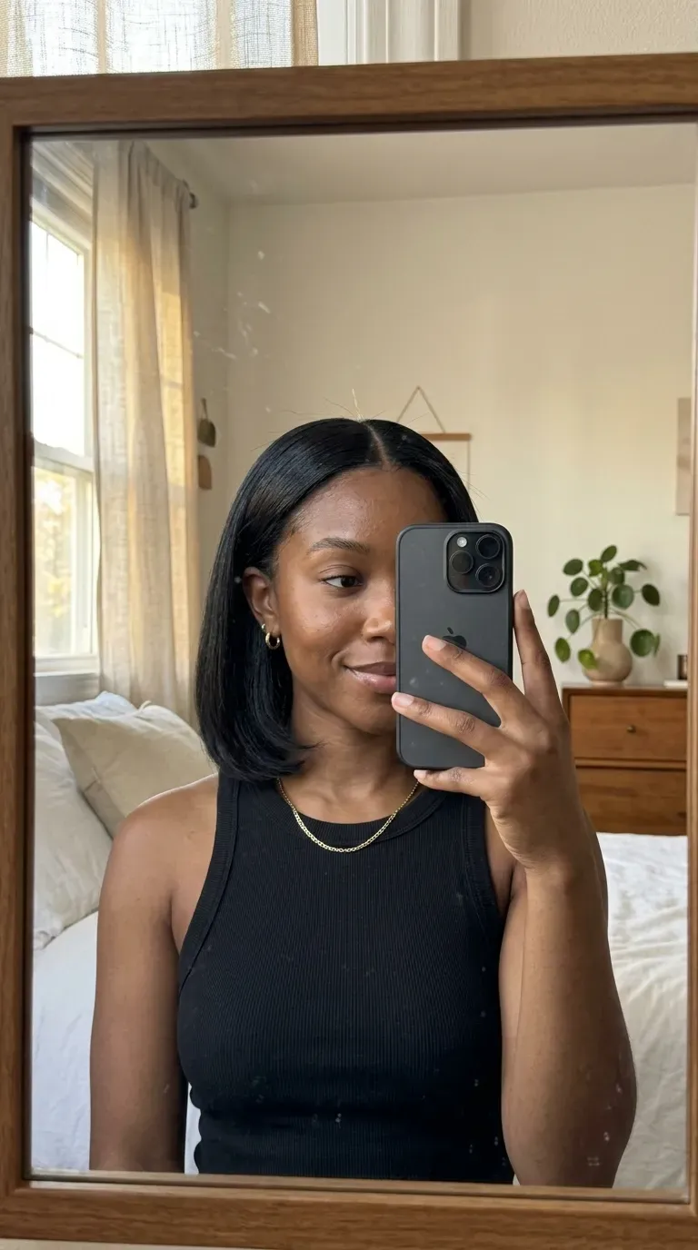 11 Short Silk Press Hairstyles That Look Sleek, Chic, and Effortlessly Polished 11 Woman taking an iPhone mirror selfie showing her sleek middle-part short silk press.