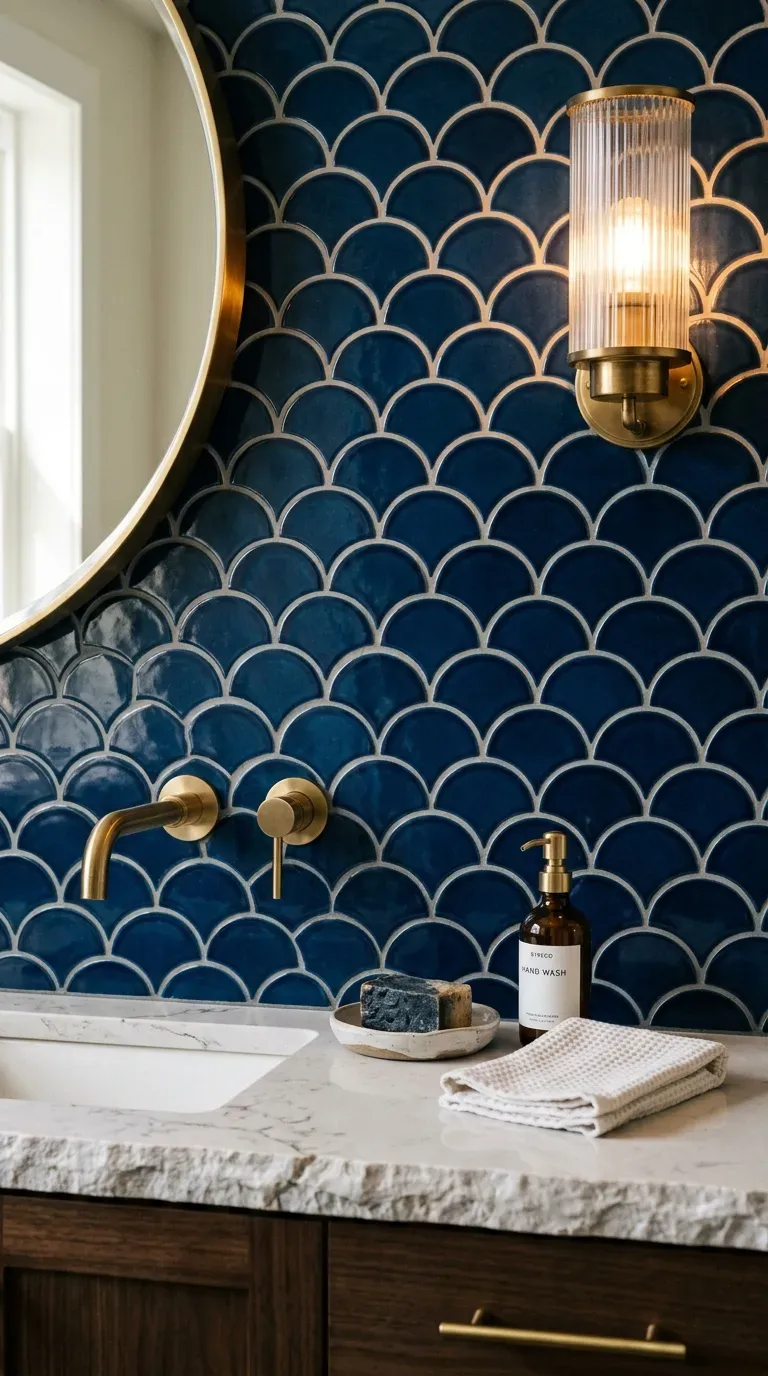 15 Genius Blue Tile Bathrooms You Need to Try 6 Deep midnight blue fish scale tiles behind a modern bathroom vanity