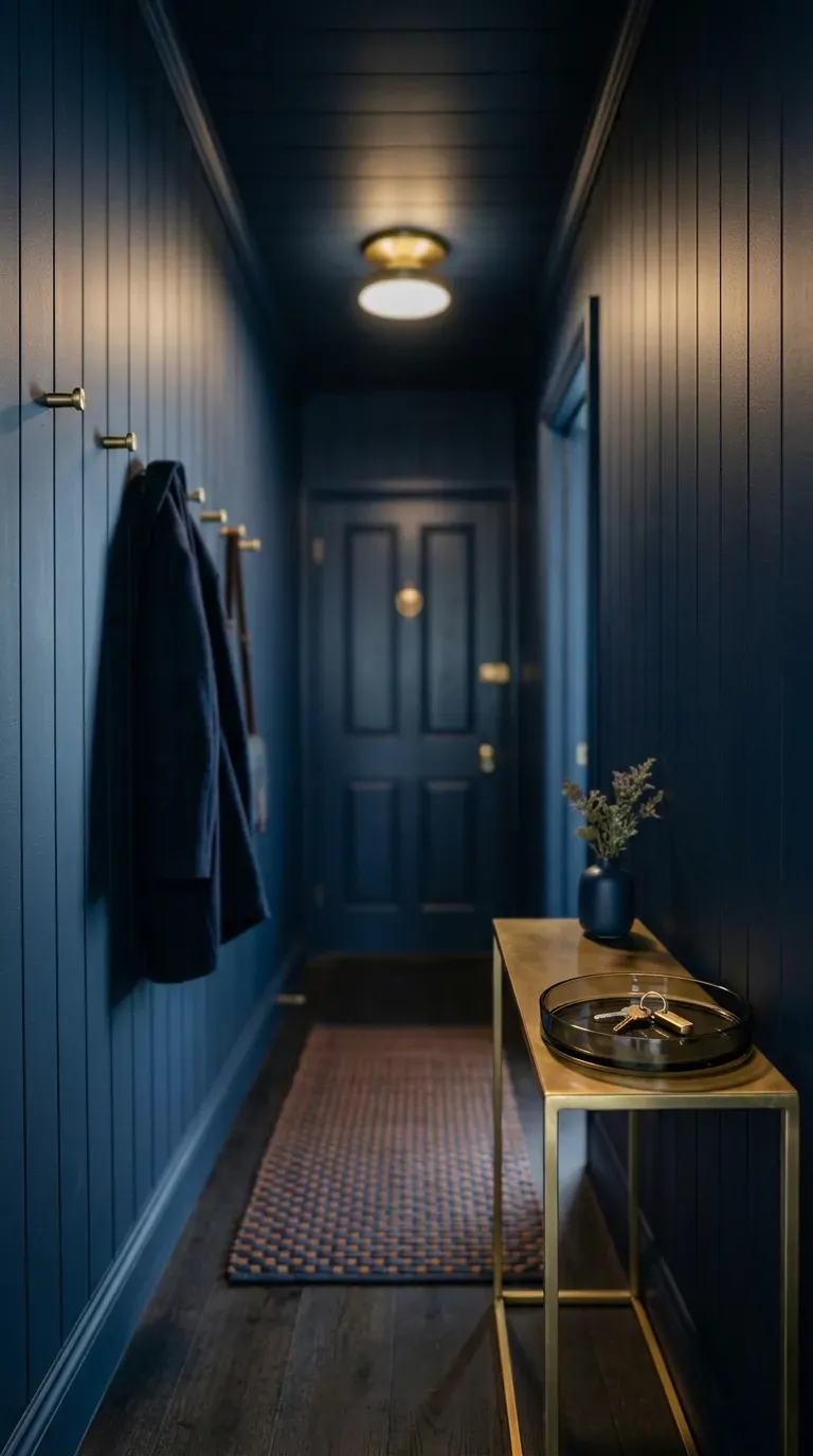 11 Cozy Color Drenched Interior Ideas for Small Spaces 5 narrow entryway drenched in midnight navy paint covering vertical shiplap and interior doors