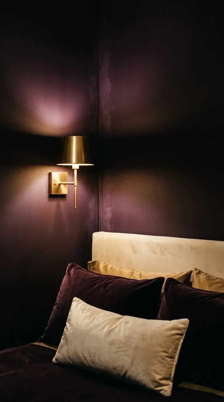 moody midnight plum painted bedroom walls styled with glowing brass wall sconces
