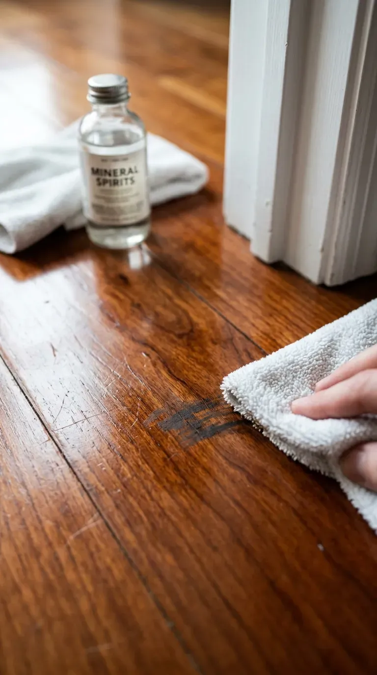 White cloth with mineral spirits cleaning a floor scuff mark