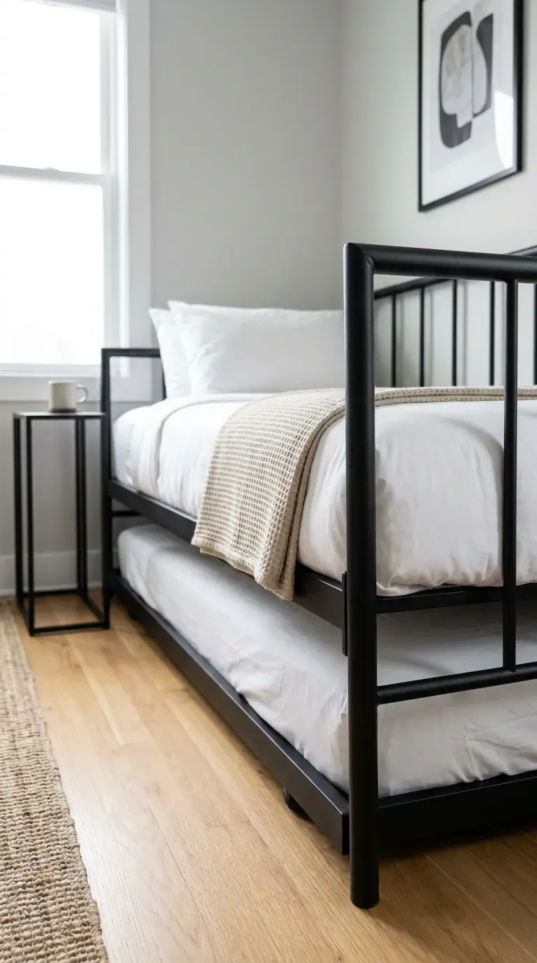 sleek matte black metal frame daybed with a discreet roll out guest trundle bed