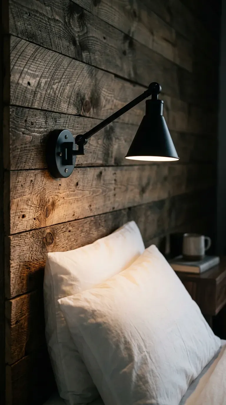 matte black articulated wall sconce mounted beside a rough cut wood plank headboard