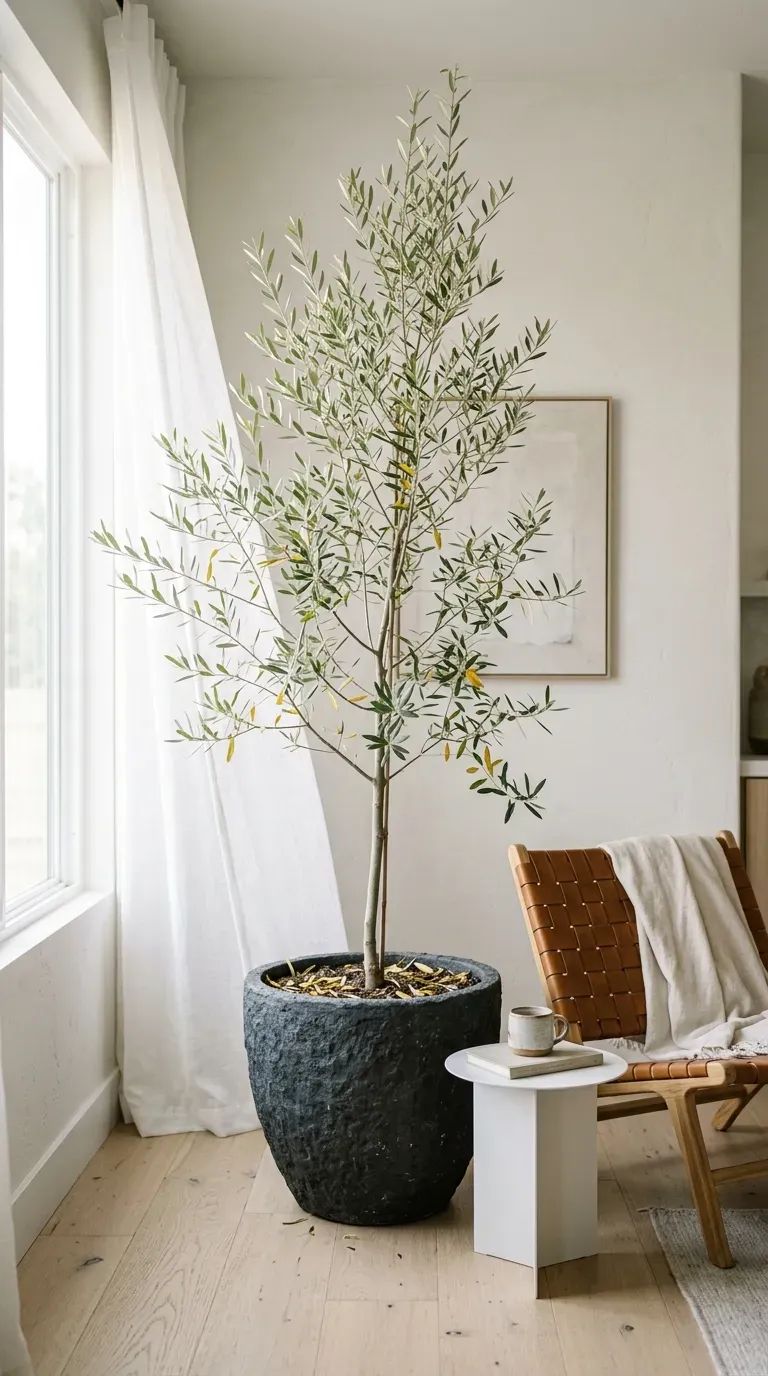16 Genius Minimalist Living Room Ideas You Need to Try 12 Large potted olive tree in a bright, minimalist living room corner