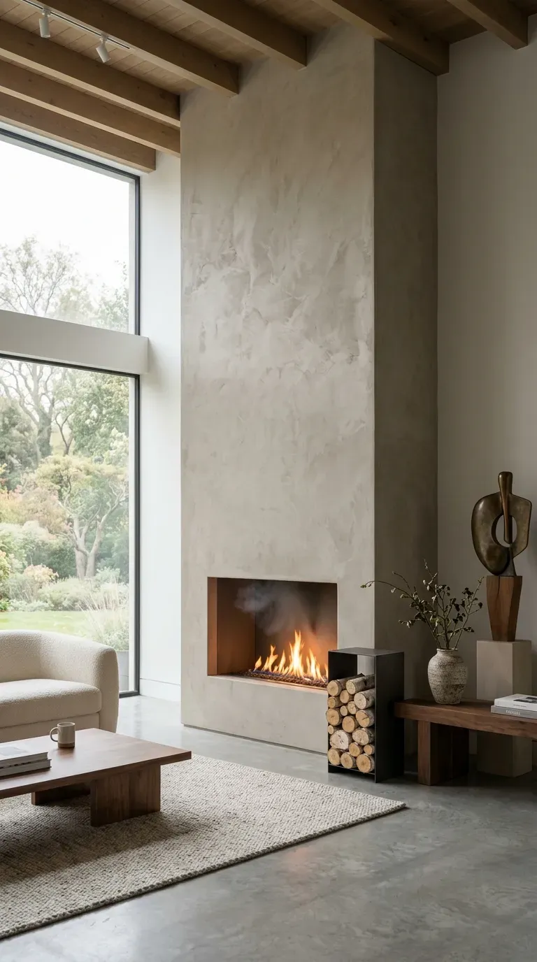 16 Genius Minimalist Living Room Ideas You Need to Try 16 Smooth modern Roman clay fireplace in a minimalist living room