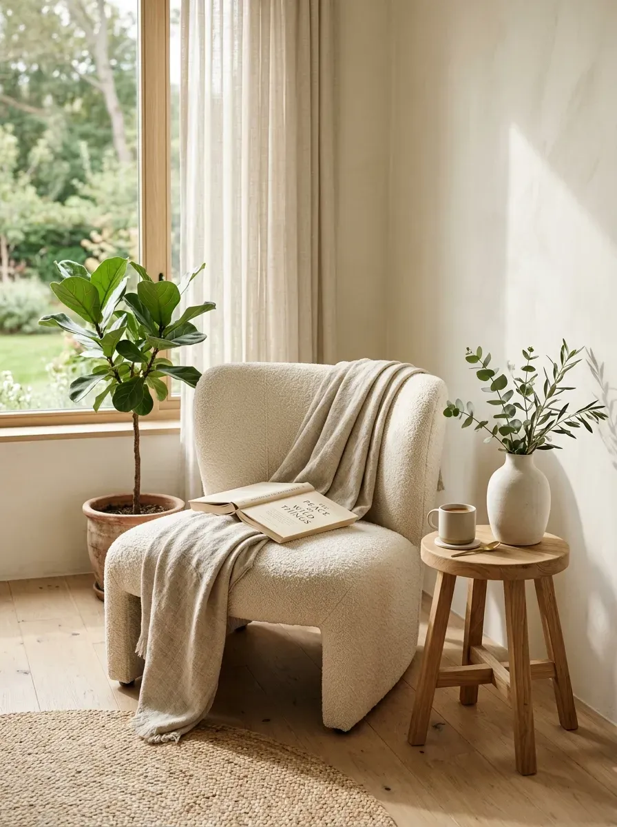Minimalist reading nook with simple lounge chair wooden stool book and natural light.