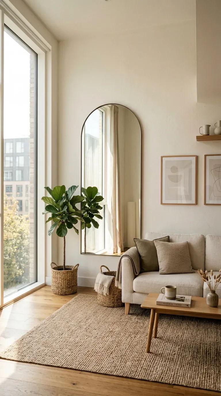 Small apartment living room with large wall mirror reflecting natural light and making the space feel larger.