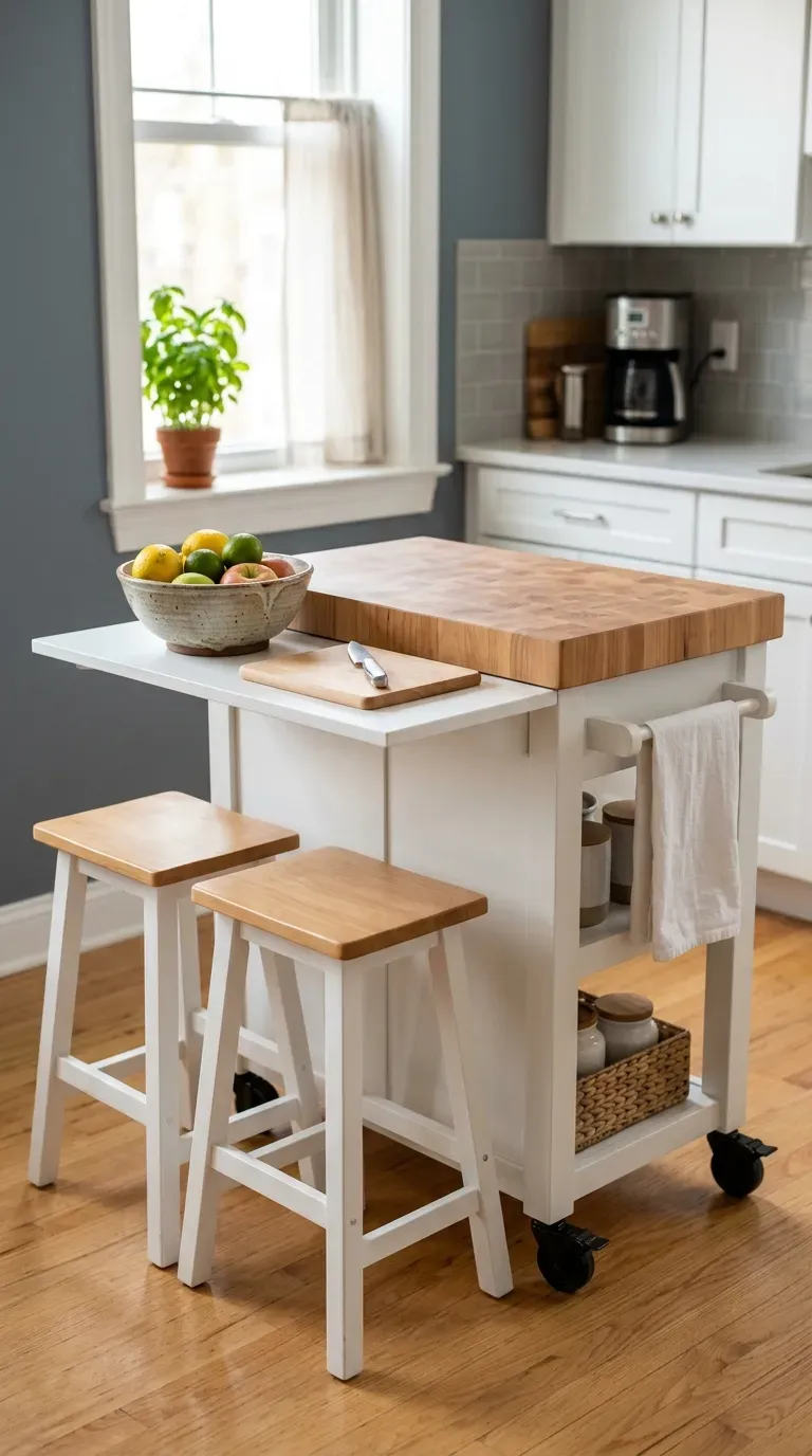 12 Genius One Bedroom Apartment Ideas That Maximize Space 8 white kitchen island cart with drop leaf butcher block top and two wooden stools