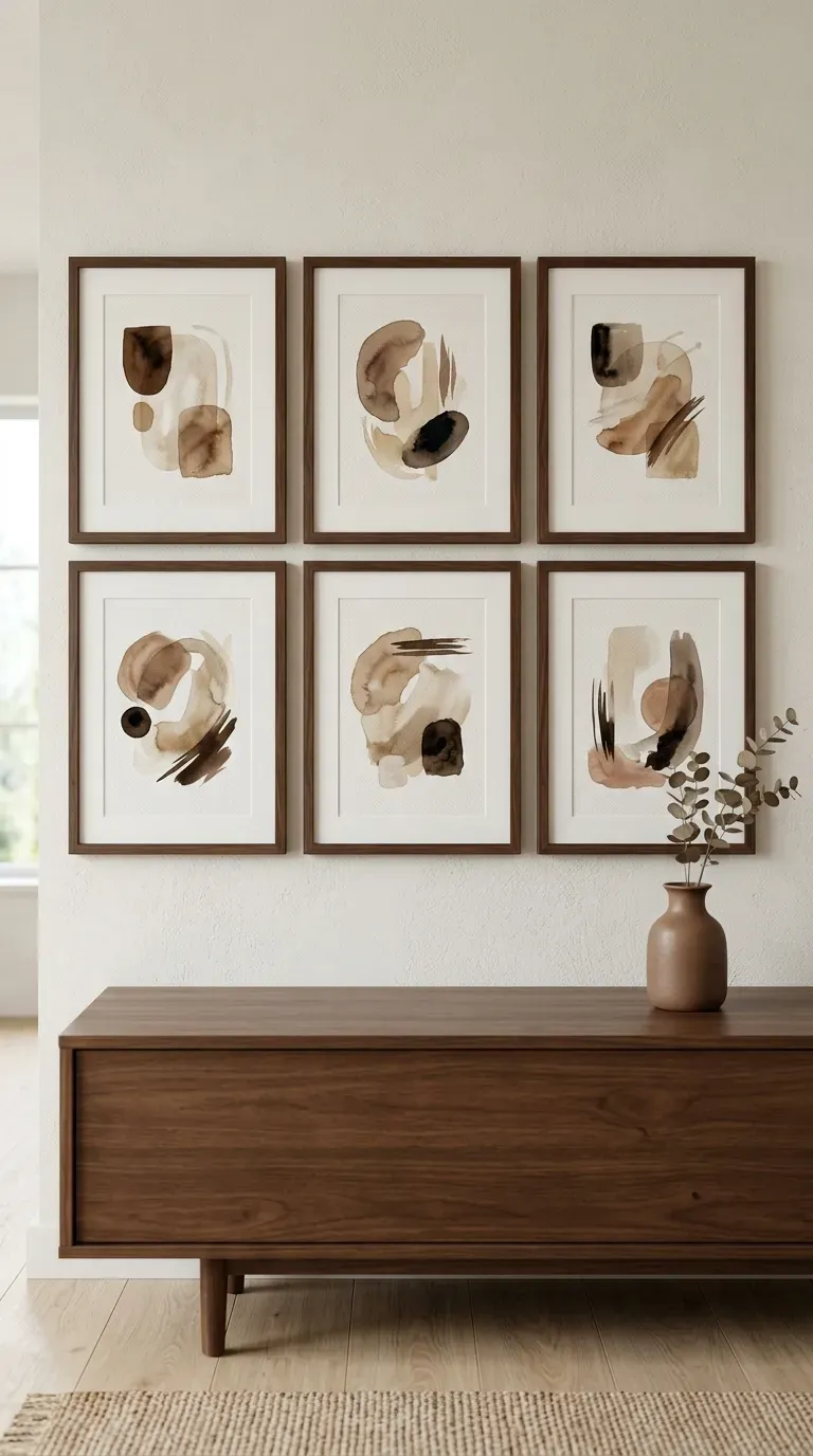 13 Genius Brown Bedroom Ideas You Will Want to Copy ASAP 12 symmetrical gallery wall grid of mocha and cream abstract art in dark walnut frames