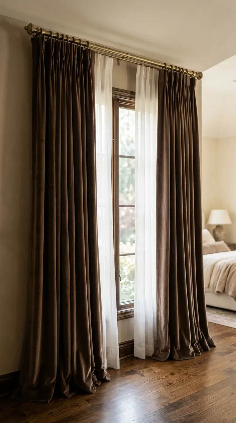 13 Genius Brown Bedroom Ideas You Will Want to Copy ASAP 11 floor to ceiling mocha brown velvet curtains hung high over bedroom windows