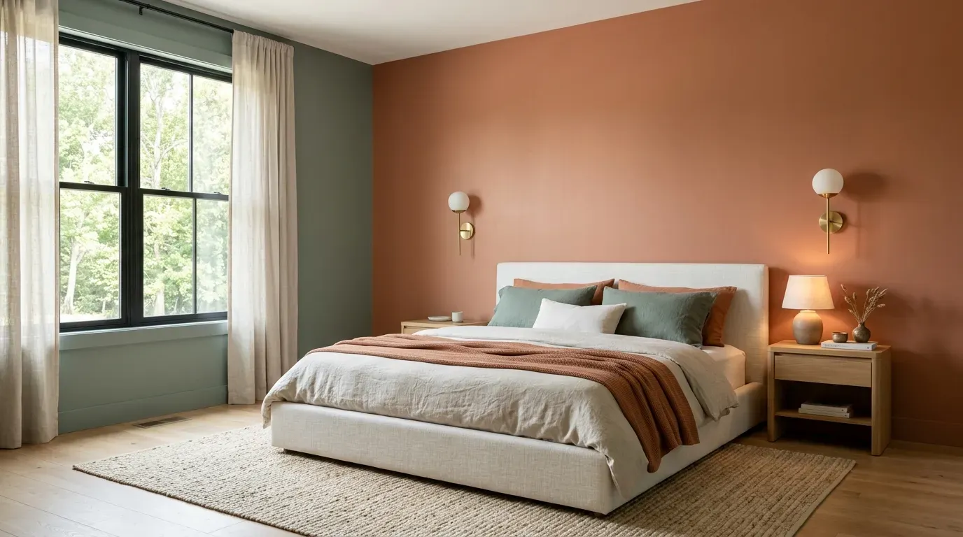 wide view of modern bedroom painted in warm trending 2026 colors