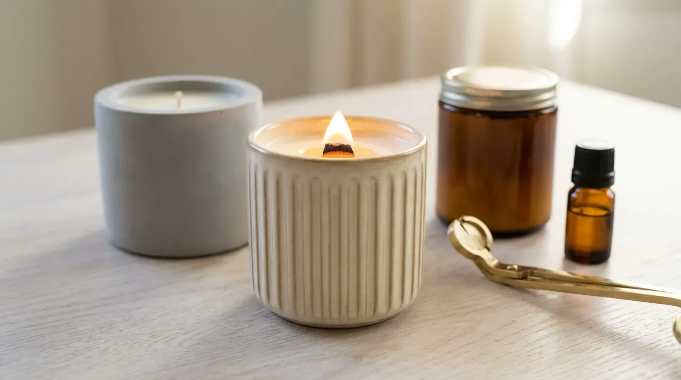 display of handmade modern soy candles in ceramic and concrete vessels on a table