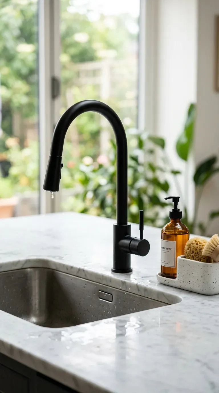 sleek high-arc matte black kitchen faucet mounted on a white undermount sink