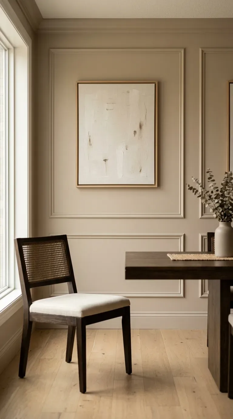 dining room wall with elegant picture frame box molding painted in soft warm beige