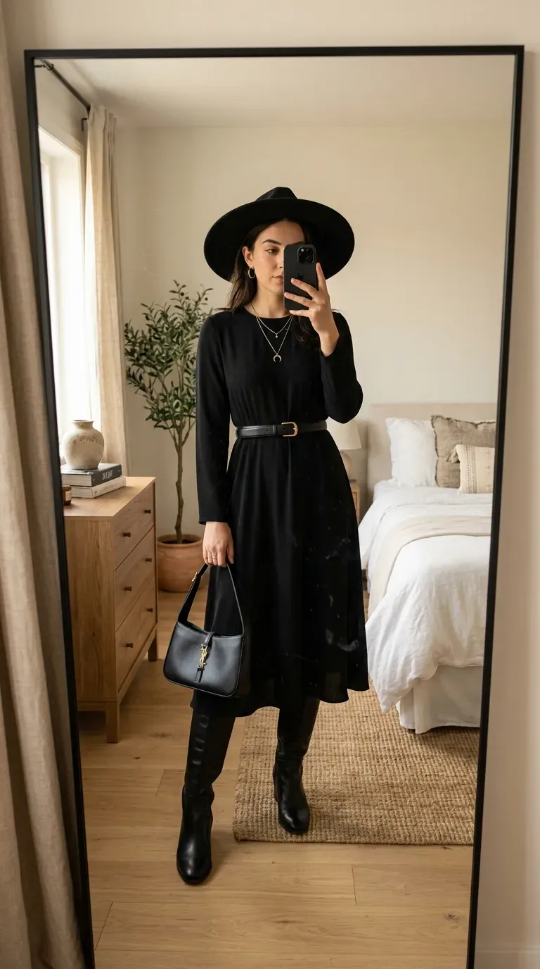Woman wearing elegant modern witch outfit with black dress boots and witch hat.