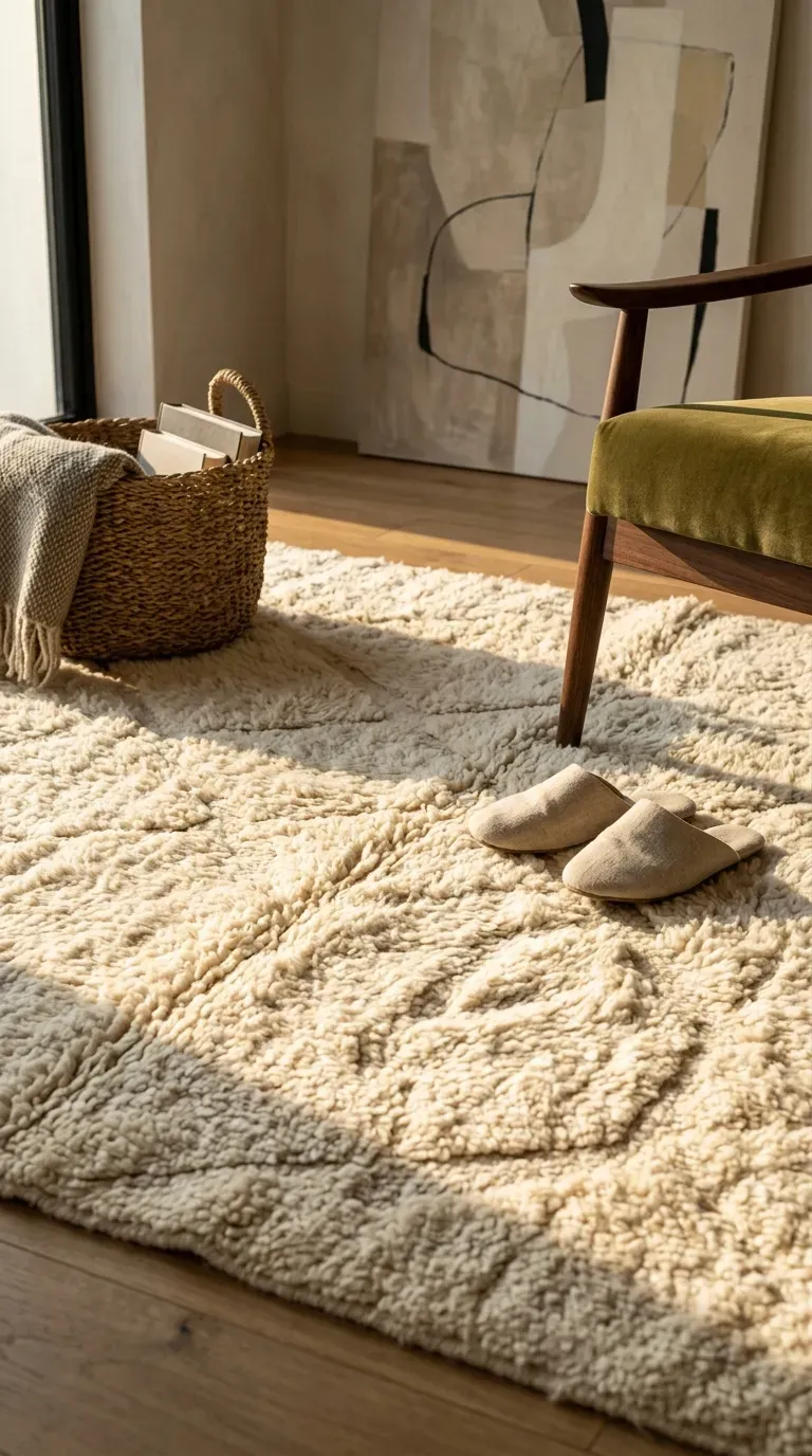 16 Genius Minimalist Living Room Ideas You Need to Try 4 Close up of a plush neutral high pile rug in a modern living space