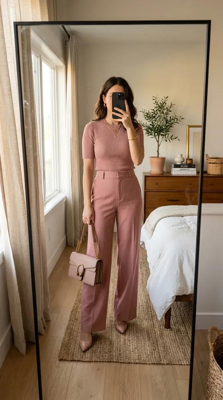 Woman wearing matching pink pants and top for a sophisticated monochrome fashion look.