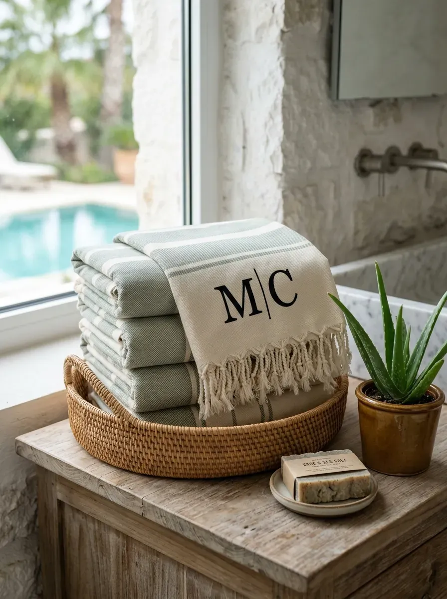 15 Genius Cricut Summer Projects You Need to Try 13 Folded striped Turkish towels with crisp black HTV monograms