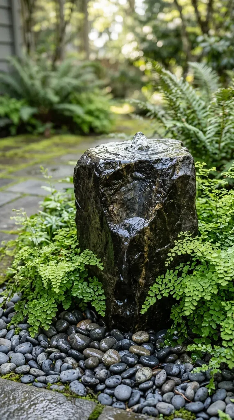 bubbling natural basalt stone water column surrounded by smooth black river stones