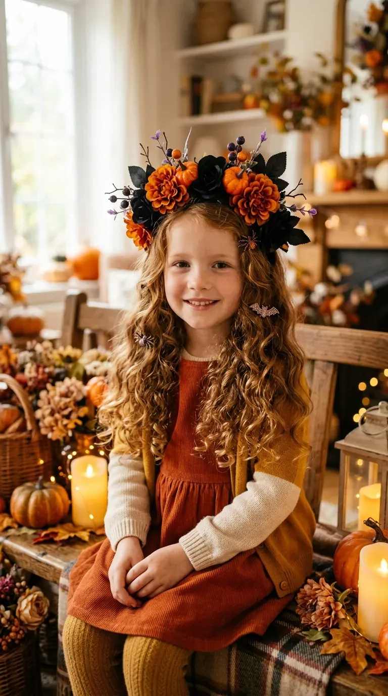 Halloween Hairstyles for Kids: 10 Cute and Spooky Ideas 7 Child wearing playful messy buns with colorful monster-inspired Halloween hair accessories.