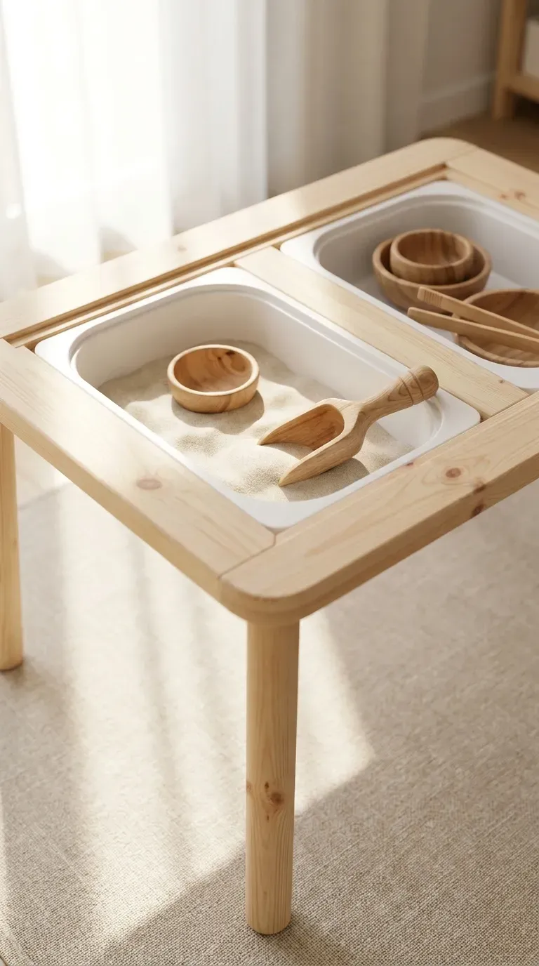 13 Genius Homeschool Room Ideas You Will Want to Copy ASAP 10 low natural wood sensory table with dual bins holding kinetic sand and wooden sorting tools