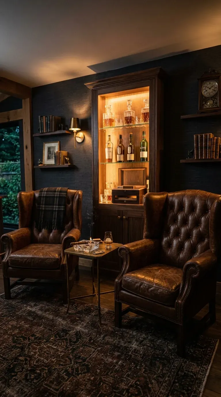 12 Aesthetic Backyard Pub Shed Ideas to Transform Your Yard 6 Dark, luxurious whiskey lounge interior with leather chairs and amber lighting