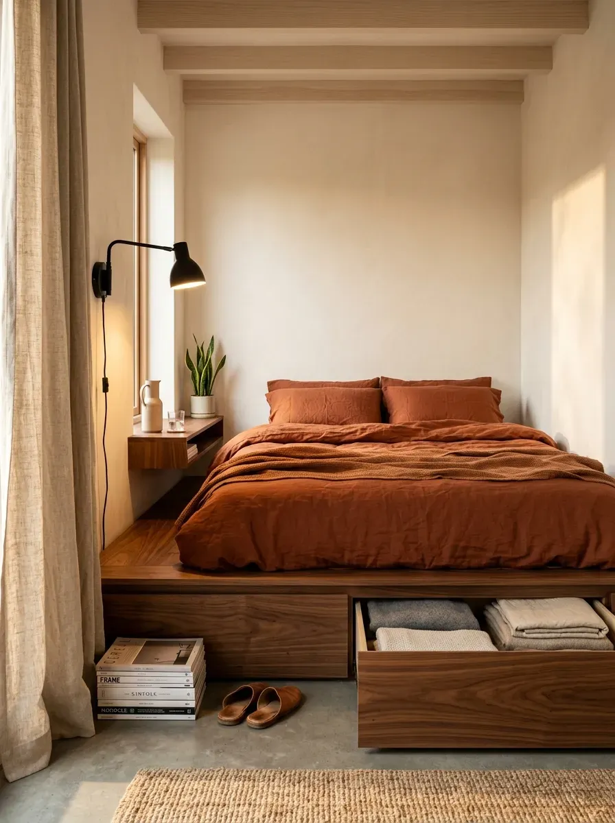 10 Must-Try Tiny Room Ideas That Look Stunning 4 Sleek modern storage bed with pulled-out wooden drawers